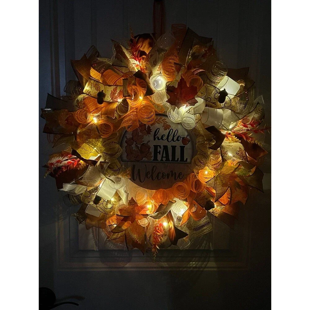 Handmade Hello Fall Welcome Door Wreath Acorn Leaf 22 in LED Thanksgiving W12